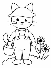 A cute kitten wearing a hat and overalls is holding a basket full of sunflowers vector line art