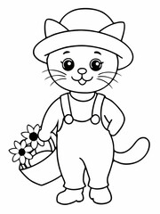 A cute kitten wearing a hat and overalls is holding a basket full of sunflowers vector line art