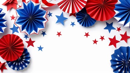 Fototapeta premium Happy Labor Day. Independence Day. Veterans day banner design. Flat lay red. white. and blue USA paper fans isolated on white background.