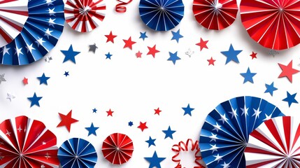 Obraz premium Happy Labor Day. Independence Day. Veterans day banner design. Flat lay red. white. and blue USA paper fans isolated on white background.