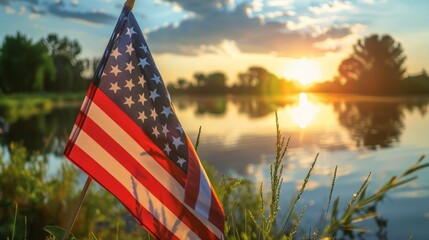 American flag on the sunset lake background. USA holiday concept