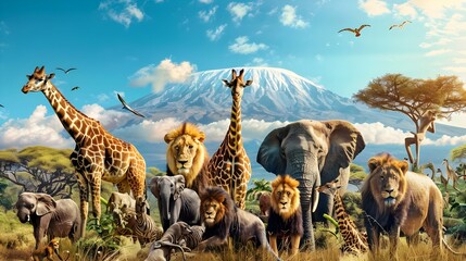 Group of African animals - giraffe, lion, elephant
