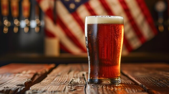Glass of beer on wooden table. USA flag background celebrate American Independence Day of 4th July