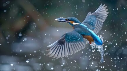 Obraz premium Common European Kingfisher flying with fish catch