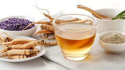 Semi close-up of herbal energy drink with ginseng roots, more clarity with clear light and sharp focus, high detailed