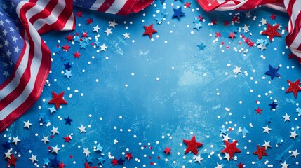 Obraz premium The fourth of july celebration concept. Above view photo empty space with red. white and blue confetti stars and american flag on blue isolated background with copy-space