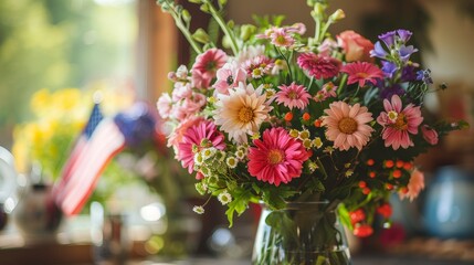 Close up of bouquet of flowers in vase with Usa flag. Independence day of America. Decorated home for July 4th. Memorial day. Space