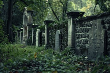 Old tombstones are slowly being overtaken by the surrounding forest