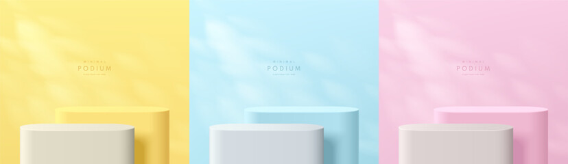 Set of pink, yellow and blue 3d cylindrical podium background with window natural light scene. Abstract pastel minimal mockup, Product display presentation, Stage showcase. Platforms vector design.