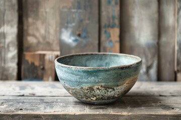 Empty blue ceramic bowl standing on rustic wooden table against wooden background