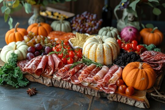 Halloween Charcuterie Board. meat and cheese plate , snack, food for Halloween. party food idea.