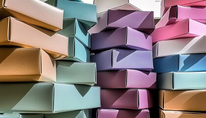 lots of stacks of colorful cardboard shoe boxes. concept of delivery and ordering or online shop