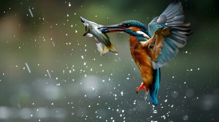 Fototapeta premium Common European Kingfisher Flying with Fish Catch