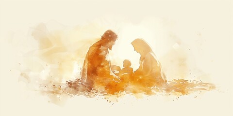 Nativity scene shows Jesus Christ born in manger with Mary, Joseph. Serene atmosphere creates ethereal mood. For Christian holiday decorations, faith-based marketing.