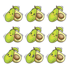 Avocado character set. Vector illustration of avocados in cartoon style.