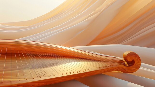 A zither set against a backdrop of flowing, modern lines and smooth gradients