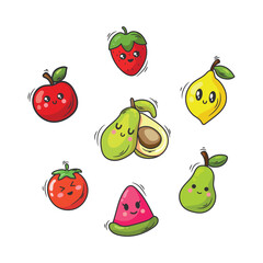Funny fruit kawaii icons set. Vector illustrationisolated on white background.