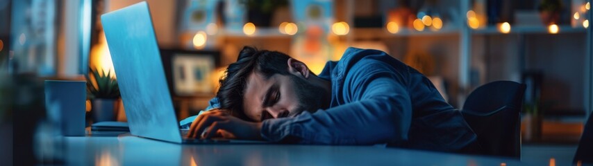Tired office worker burning midnight oil at desk, exhaustion concept