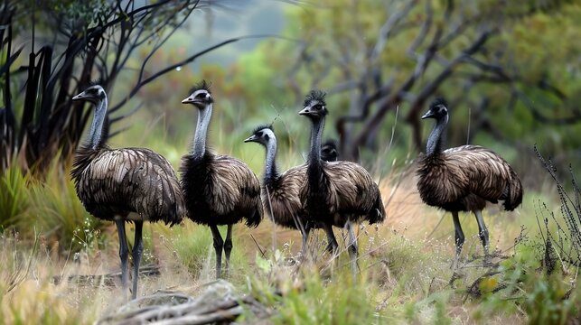Group of Emu birds in the wild