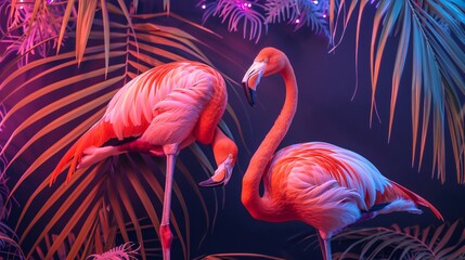 Fototapeta premium Elegant flamingos set against a neon-colored palm tree background, creating a lively and modern tropical vibe