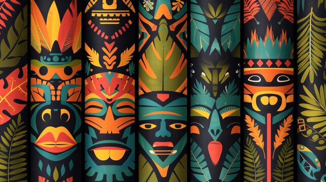 Contemporary tiki patterns with bright, bold colors and clean, graphic lines - Powered by Adobe