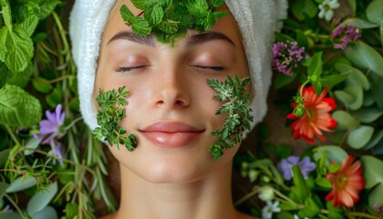 Woman enjoying a herbal facial treatment, spa healthy skin, herbal beauty therapy