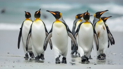 Fototapeta premium Numerous king penguins walking the beach at St. Andrews
