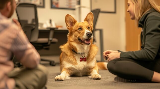 Therapy Dog at Work A calm therapy dog interacting with office workers, reducing stress and boosting morale