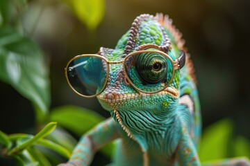 Cool chameleon is posing on a tree branch while wearing sunglasses