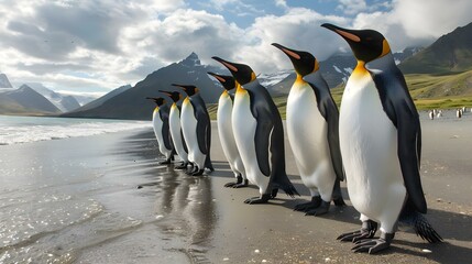 Fototapeta premium King penguins walking on the beach at St. Andrews