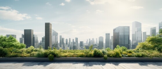Futuristic Blank Billboard Mockup on Tiered Office Building with Green Roofs in Financial District