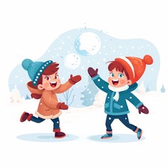 Naklejka premium Two children are playing in the snow, one of them is holding a snow ball