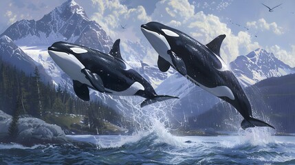Fototapeta premium Pair of leaping Killer Whales in Canada