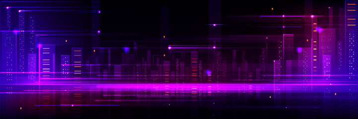 Purple tech city background. Abstract building bg. Smart futuristic neon cityscape design. Urban architecture with speed energy for metaverse or hologram panorama. Modern skyscraper network at night