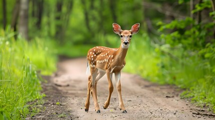 White-tailed deer fawn with hind on natural trail
