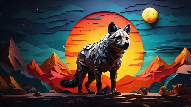 カラフルな夕焼けに浮かぶハイエナの切り絵デザイン 鮮やかな映像
