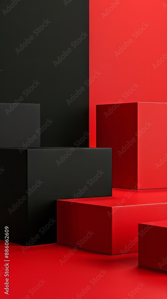 Poster minimalistic black and red podiums on red background for product display
