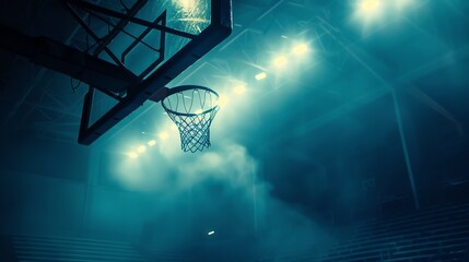 The basketball hoop is illuminated by the bright lights of the arena