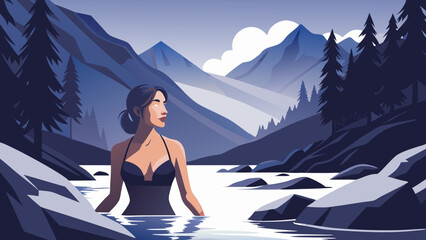 A woman in a bikini in a mountain river.Surprise in the mountain stream.Bright vector: swimming in the mountains.Refreshing swim: A woman in a black bikini in a mountain river.Vector illustration: the