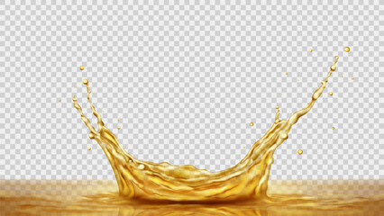 Obraz premium Realistic splash of oil or juice. Vector illustration with splash of olive or sunflower oil, juice, honey, soda, beer, yellow water. Mockup for food advertisement isolated on checkered background.