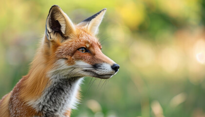 A vivid description of a red fox attentively observing its surroundings in a field of grass