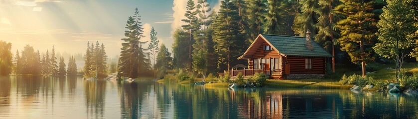 Generate a professional  high quality image of a beautiful lakeside log cabin