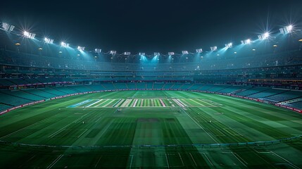 Panoramic view of a cricket stadium at night, lights casting a radiant glow across the field and stands.