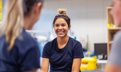 Obraz premium Physiotherapist coworkers chatting, Smiling Chiropractor chatting with her colleagues, Student talking with patients