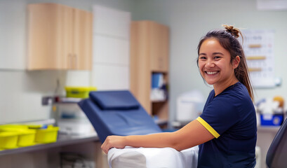 Chiropractor student posing in the office, physiotherapist smiling in the patient room