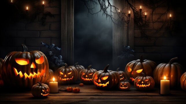 Glowing halloween fire text banner with spooky pumpkins for a scary halloween vibe
