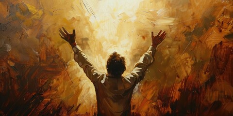Watercolor artwork of spiritually uplifted man raising arms to worship god. Religious and spirituality concept.