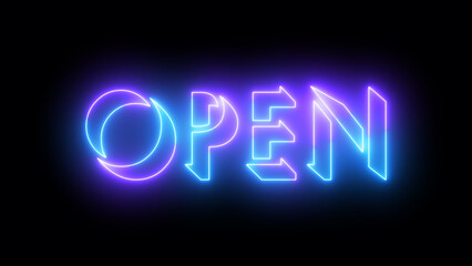 Open text animation in 4K. Neon-colored text with a glowing moving outline for online shop, blog, web, cafe, and hotel. Technology video material animation in 4k. Easy to put into any video.