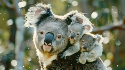 Mother koala with baby on her back