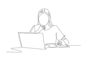 Woman thinking during lesson. Online education concept one-line drawing